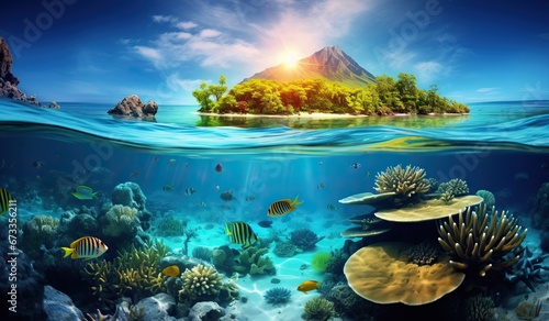 Tropical Island And Coral Reef - Split View With Waterline. Beautiful underwater view of lone small island above and below the water surface in turquoise waters of tropical ocean. Seascapes.