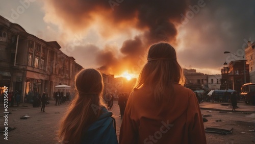 children in the midst of bombed out buildings, flames and smoke