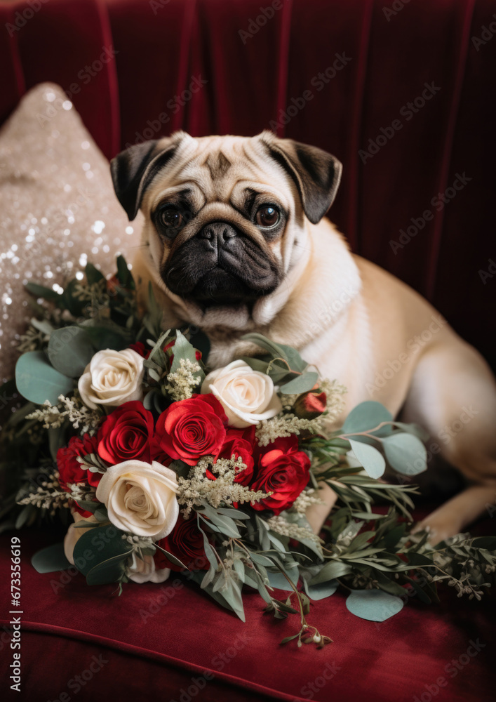 Cute Tan Pug Dog Portrait Posing on an Upholstered Arm Chair Surrounded by Rich Red and Green Christmas Florals 