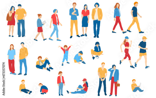 Men, women, teenagers and children standing, walking, sitting, different colors, cartoon character, group  silhouettes rest people, students, design concept of flat icon, isolated on white background