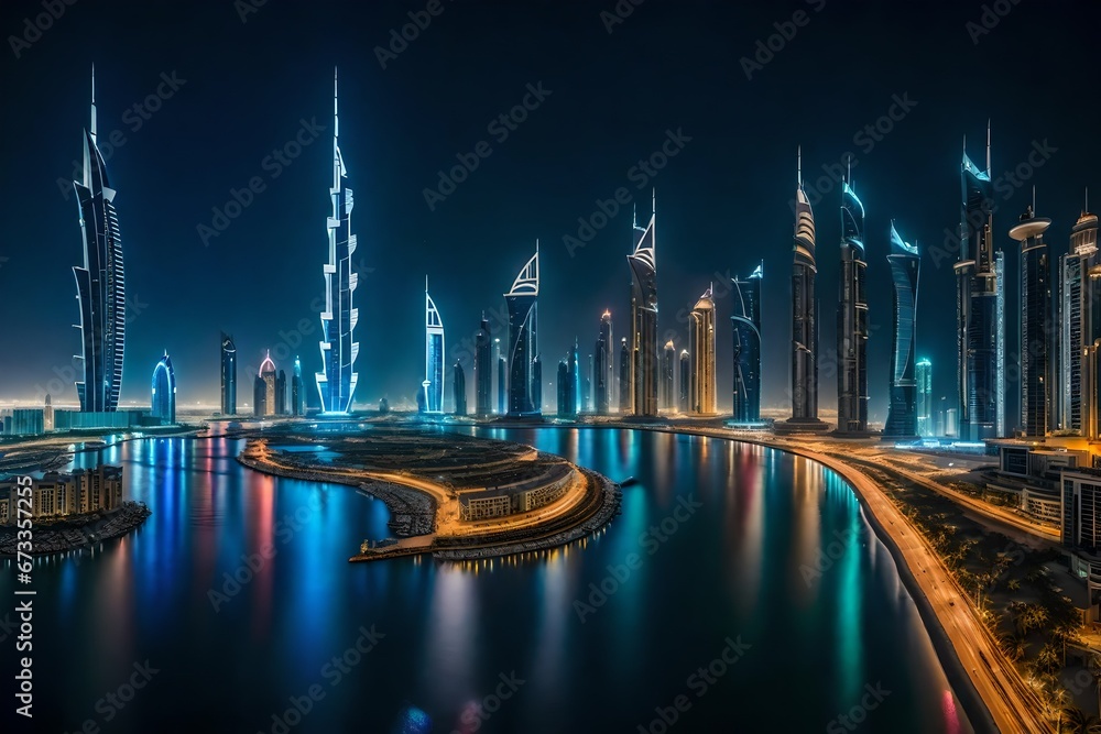 A panoramic view of the Dubai city skyline at night