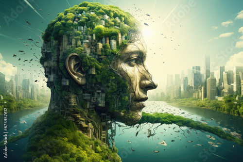 Sustainable environment concept. The image depicts human thinking towards preserving nature, reducing carbon footprint and building sustainable urban community for green future © Prime Lens