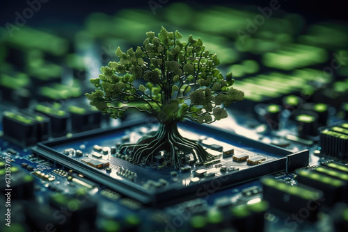 Tree growing on the converging point of computer circuit board. Green computing, Green technology, Green IT, CSR, and IT ethics. Concept of green technology. Environment green technology