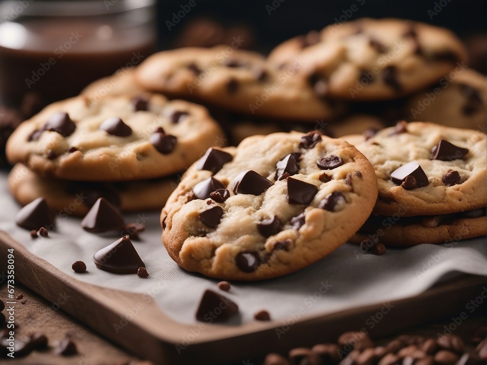 close up view of homemade chocolate chip cookies, blurry background
close up view of homemade chocolate chip cookies, blurry background