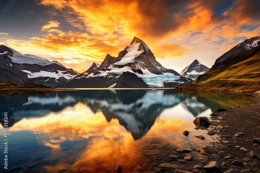 Scenic sunrise on Bernese Range above Bachalpsee lake with Eiger, Jungfrau, Faulhorn peaks in beautiful Swiss Alps, Grindelwald valley. Generative AI