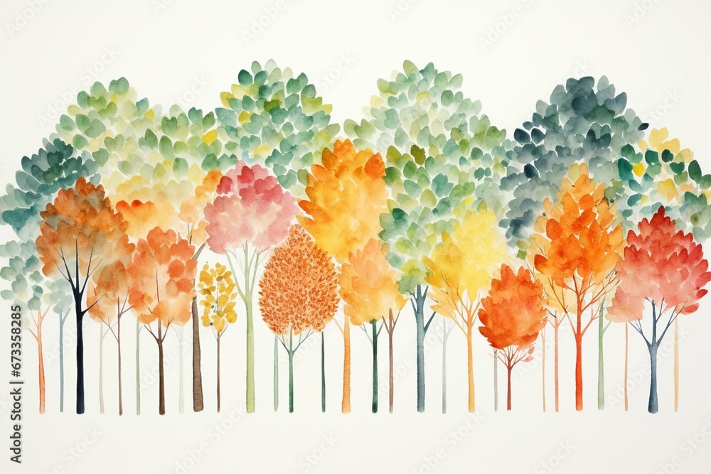 simplified watercolor painting of trees. Generative AI