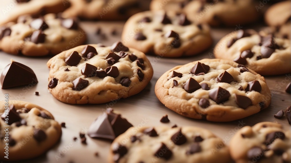close up view of homemade chocolate chip cookies, blurry background
close up view of homemade chocolate chip cookies, blurry background