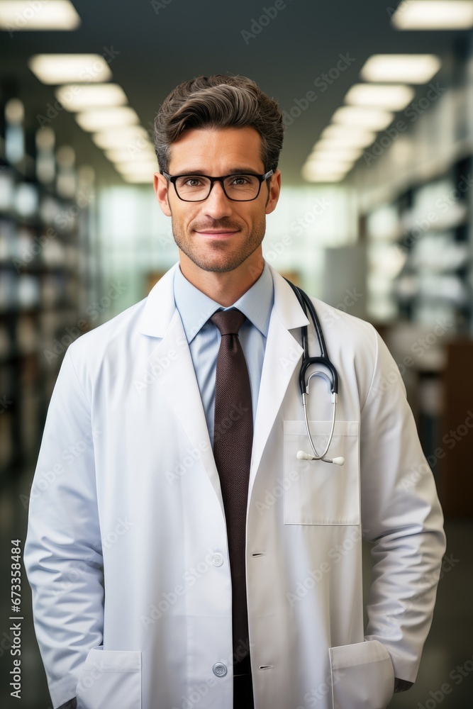 A smiling doctor wearing lab coat and glasses, medical environment A smiling doctor wearing lab coat and glasses, medical environment