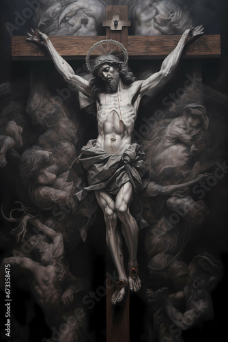 Jesus Being Crucified, Grisaille Art Style, Jesus Death on Cross, Jesus Crucifixion Painting, Digital Art