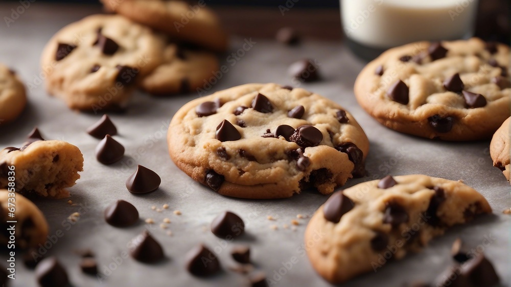 close up view of homemade chocolate chip cookies, blurry background

