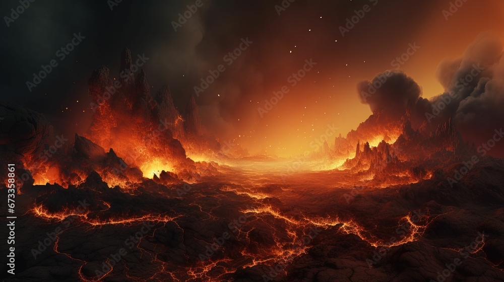 AI generated illustration of a fiery lava illuminated by an intense ...