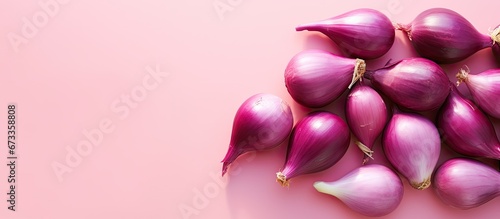 Arranged on a pink backdrop with lighting and shadows there is a still life composition featuring whole eggplants and sliced red onion bulbs seen from above