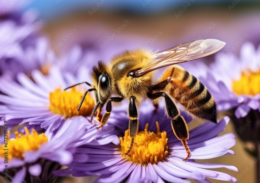 Honeybee in Latin Apis Mellifera, european or western honey bee sitting on the violet or blue flower Honeybee in Latin Apis Mellifera, european or western honey bee sitting on the violet or blue flower