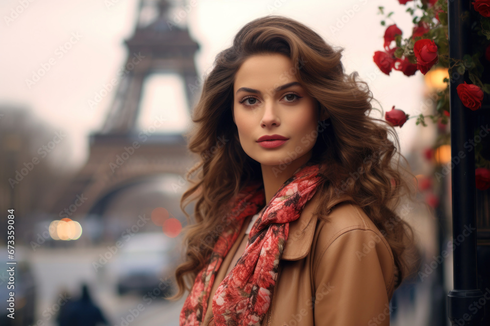 Beautiful French Woman With Eiffel Tower on Background