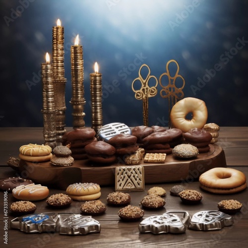 Hannukah Jewish holiday symbols - menorah, donuts, humpback coins and wooden dredels, AI generator