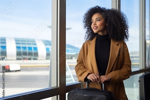 Young beautiful black woman waits for the boarding announcement for her flight while watching planes land and take off through a large panoramic window in the airport terminal.