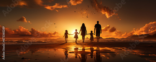family looking for the cross on autumn sunrise background ,concept  : worship  and hope ,mother father and child daughter on nature,
,Silhouette of the family holding hands enjoying  photo