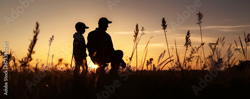 family looking for the cross on autumn sunrise background ,concept : worship and hope ,mother father and child daughter on nature, ,Silhouette of the family holding hands enjoying 