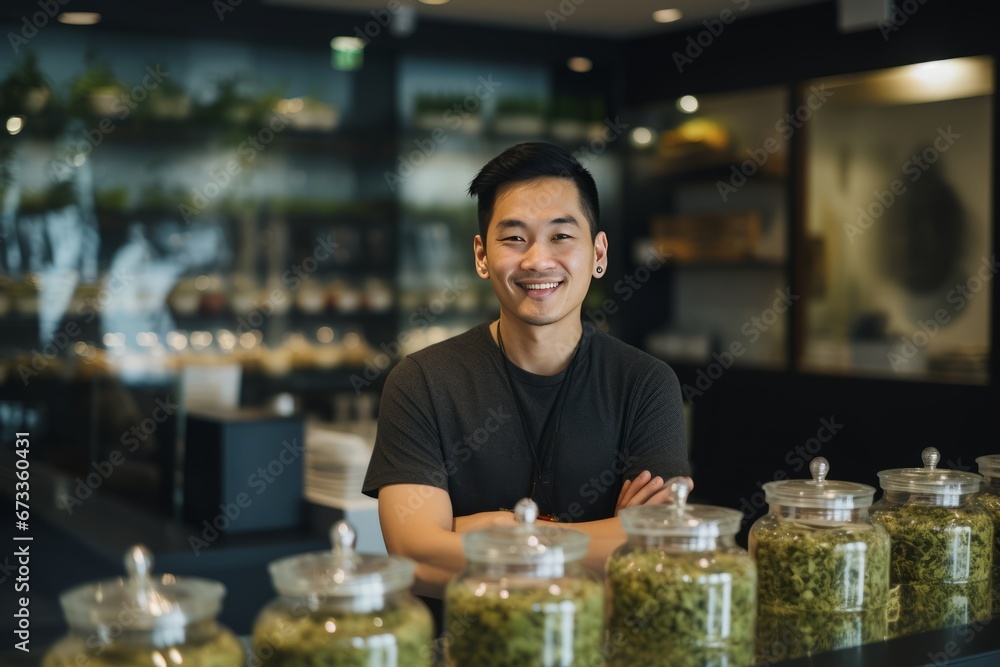 portrait of happy male Asian cannabis dispensary manager, sitting at the counter