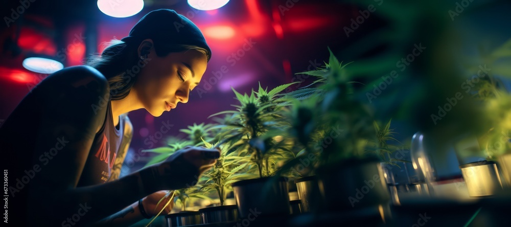 Asian female cannabis grower trimming cannabis plants in an indoor cannabis farm. Asian female cannabis grower trimming cannabis plants in an indoor cannabis farm.