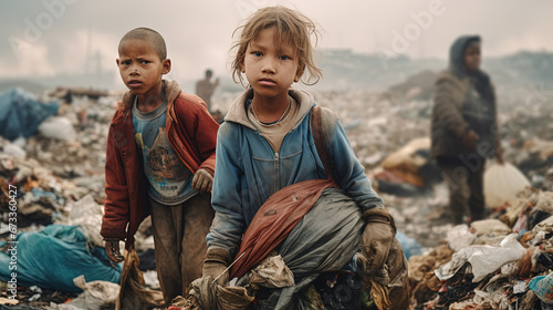 Two children of oriental appearance, are standing at a large landfill and helping to collect garbage. Environmental pollution problem, prevention of garbage problem. Threat To the Environment. photo