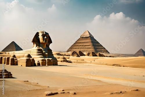 Monumental sculpture of the Sphinx and the great pyramids in the background  Giza Plateau  Egypt