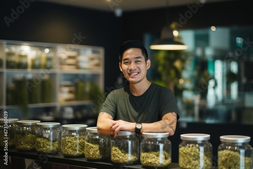 portrait of happy male Asian cannabis dispensary manager, sitting at the counter photo