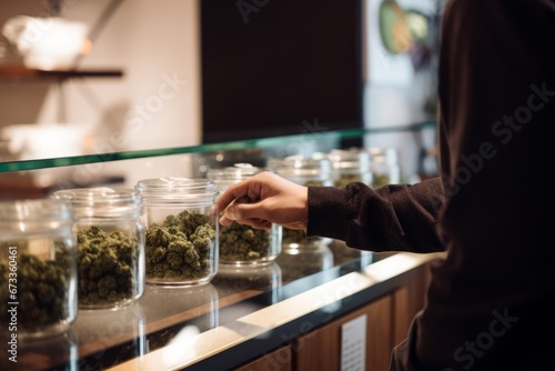 Cannabis buds stored in glass jars, neatly arranged on a shelf. diverse range of cannabis strains and their organized storage.
