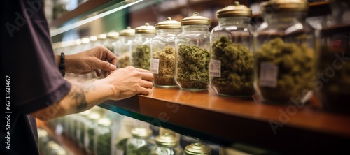 Cannabis buds stored in glass jars, neatly arranged on a shelf. diverse range of cannabis strains and their organized storage. photo