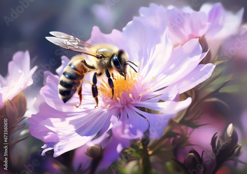 Honeybee in Latin Apis Mellifera, european or western honey bee sitting on the violet or blue flower © inthasone