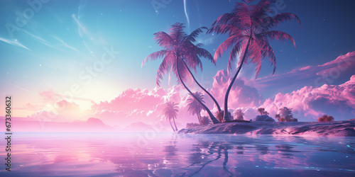 Digital art illustration of tropical sunset with trees. Idyllic island from the ocean, its sandy shores lined with swaying palm trees. Vibrant sunset paints the sky.