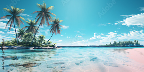 Digital art illustration of Idyllic island from the ocean, its sandy shores lined with swaying palm trees. Vibrant sunset paints the sky. © Rabbit_1990