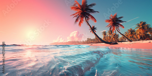 Digital art illustration of tropical sunset with trees. Idyllic island from the ocean, its sandy shores lined with swaying palm trees. Vibrant sunset paints the sky.