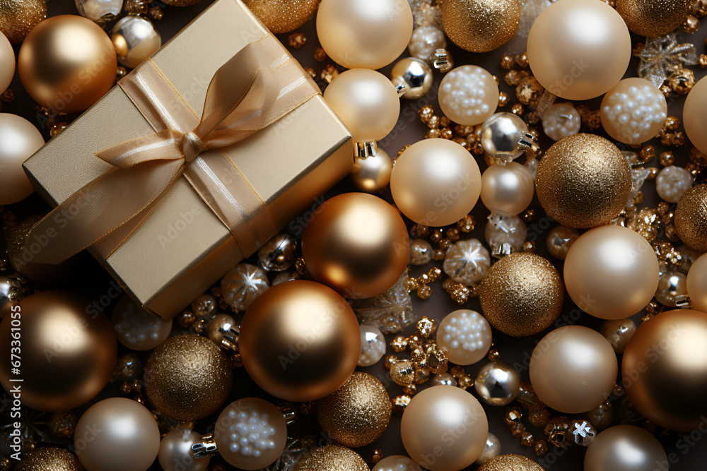 Magic beige gift box for New Year with powder ribbon and bow on background of Christmas decorations, beautiful background for greeting card Magic beige gift box for New Year with powder ribbon and bow on background of Christmas decorations, beautiful background for greeting card