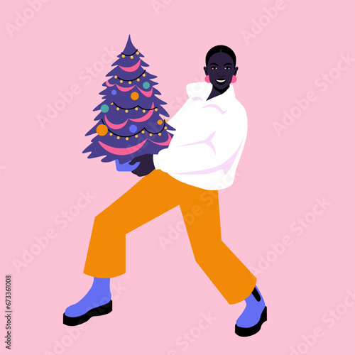An African woman holds a decorated Christmas tree in her hands. Happy New year. Winter holidays and vacations. Vector flat illustration