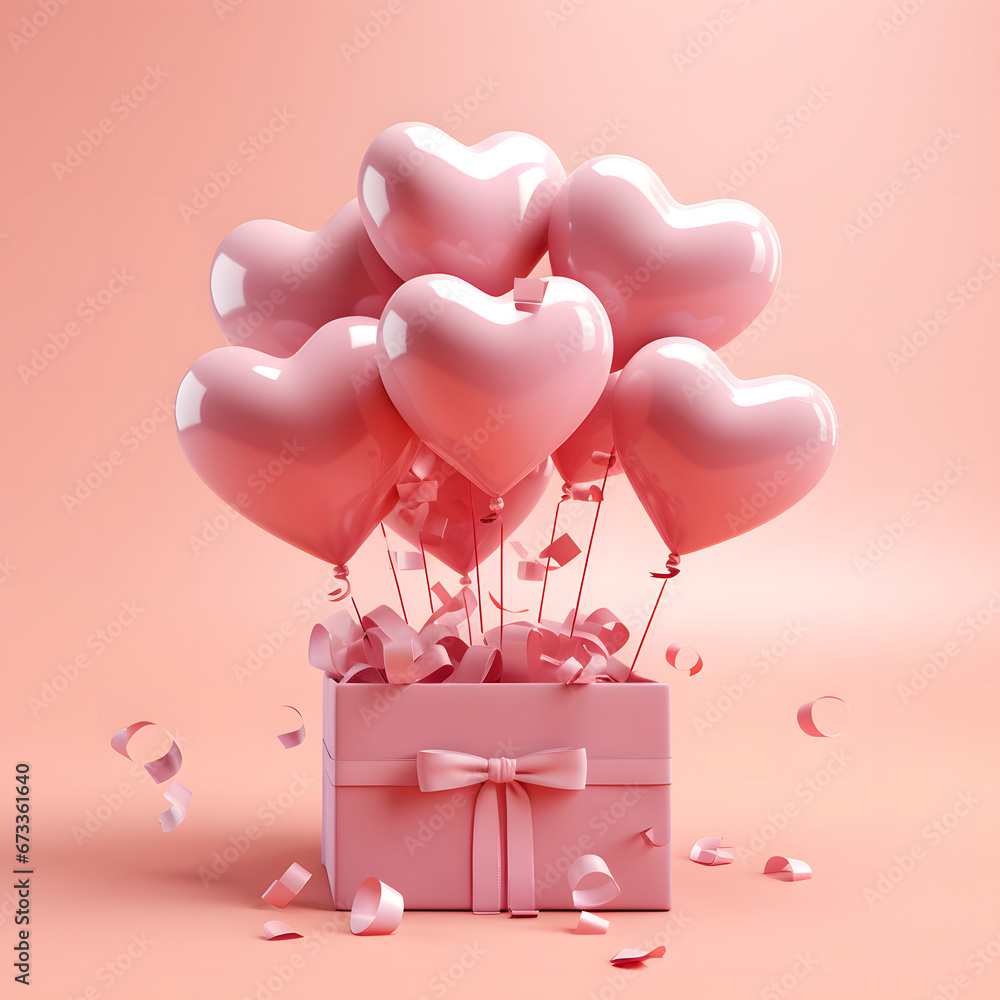3D Heart Shaped Balloons and Gift Boxes Flying on Pink Background, Valentine's Day Concept