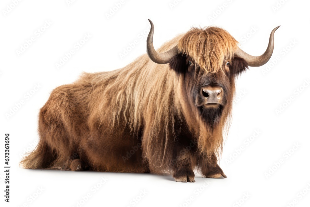 brown yak, Bos mutus isolated on white background, and clipping path. brown yak, Bos mutus isolated on white background, and clipping path.