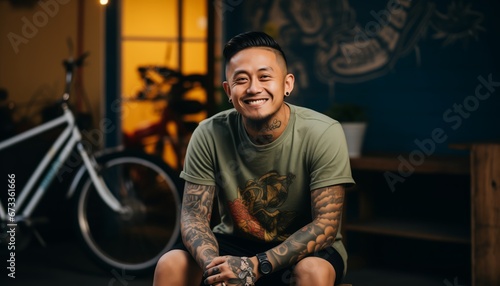 male tattoo artist sitting smiling in front of his tattoo studio