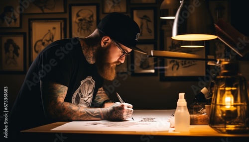 Male tattoo artist sketching tattoo designs, working in a tattoo studio, crafting unique and personalized designs for clients photo