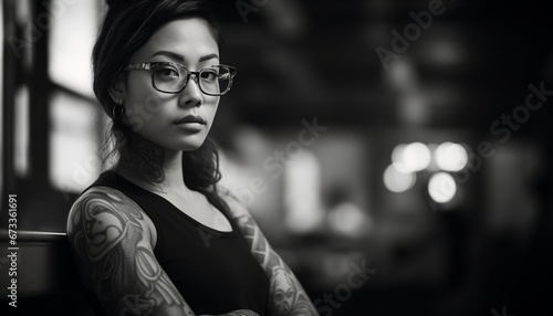 Female tattoo artist standing confidently in her tattoo studio