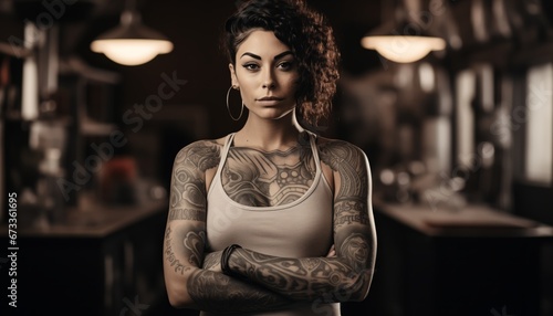 Female tattoo artist standing confidently in her tattoo studio