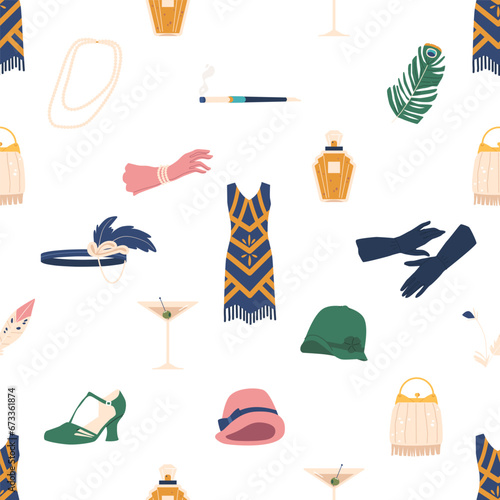 Seamless Pattern Featuring Retro Female Accessories From The 1920s, Including Flapper Hats, Pearl Necklaces