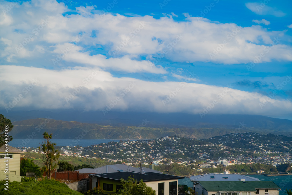 Wellington city in NZ near the airport, with the blue ocean and strong winds