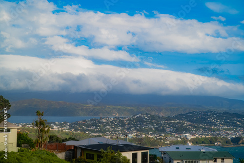 Wellington city in NZ near the airport, with the blue ocean and strong winds © Karori Production