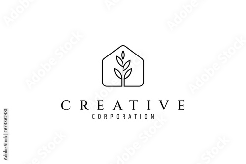 Green house logo design with plants in minimalist line style