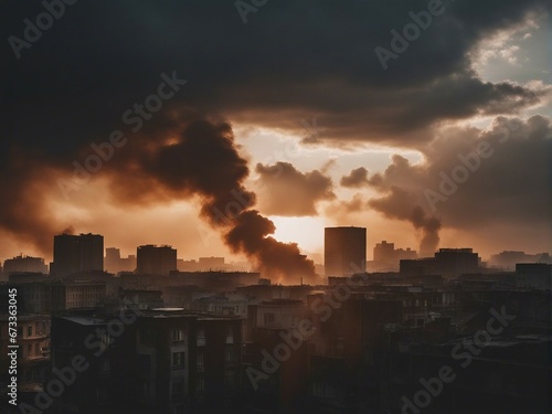 silhouette of bombed buildings in the city center and large clouds of smoke and fire in the background  © abu
