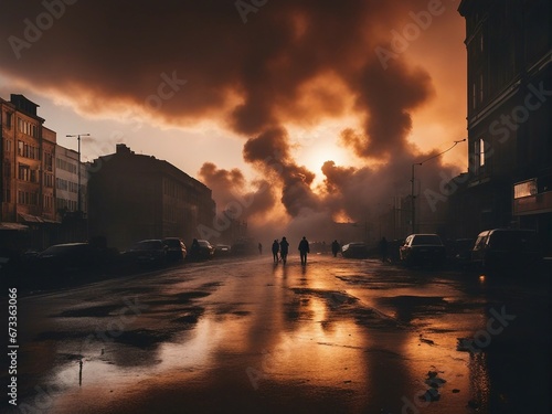 silhouette of bombed buildings in the city center and large clouds of smoke and fire in the background 