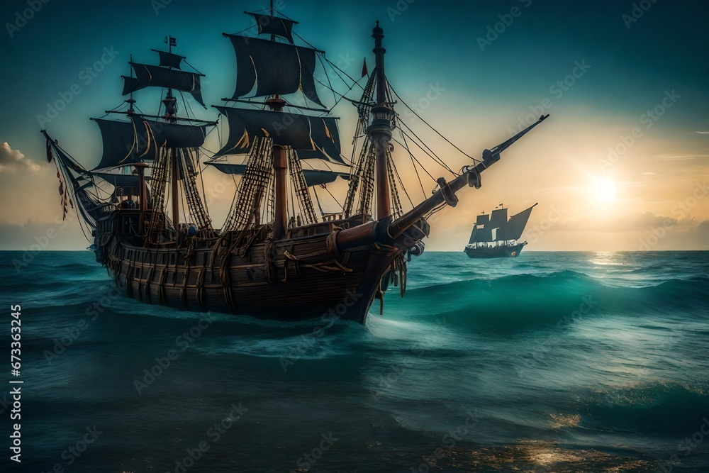 A pirate ship looking for treasure on a deserted