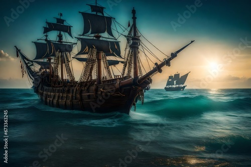 A pirate ship looking for treasure on a deserted