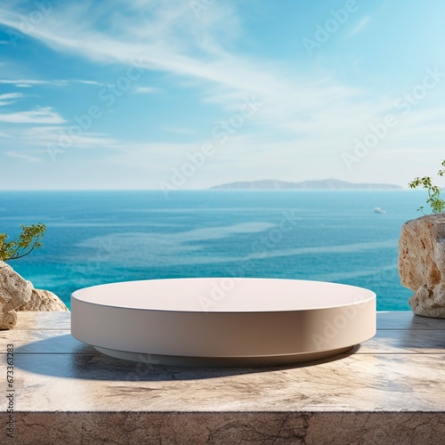 Stone rocky pedestal or podium in front of sea ocean background. Empty product template. Summer vibe. Mock-up. Made with generative ai. 